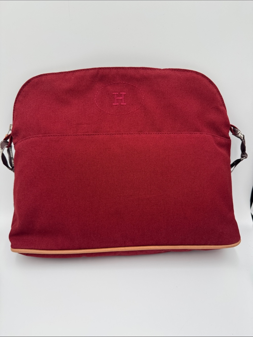 Hermes Deep Red Large Canvas Messenger Pouch Bag with Tan Leather Trim